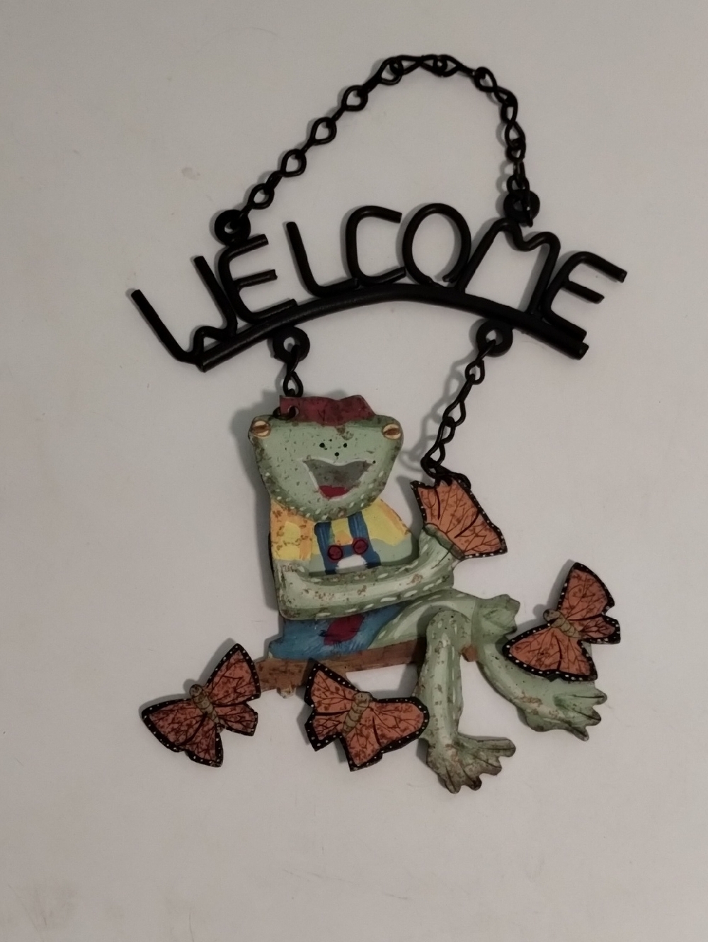 Source Unknown Green Frog Welcome Wall Hanging with Orange Butterflies